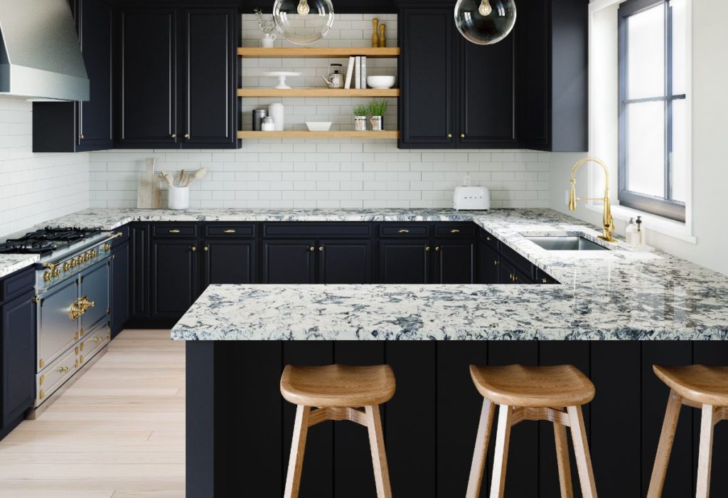 Painted kitchen cabinets and floating shelves create modern feel 