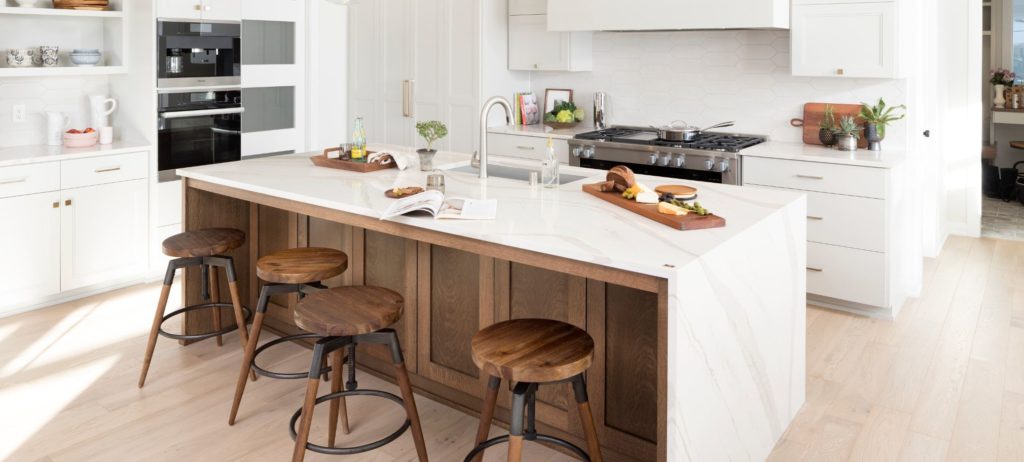 Cambria quartz countertops showing a waterfall edge