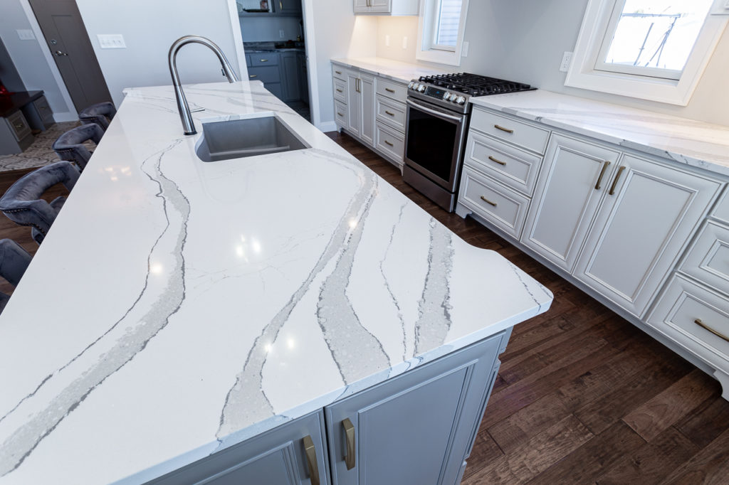 kitchen island with quartz countertop