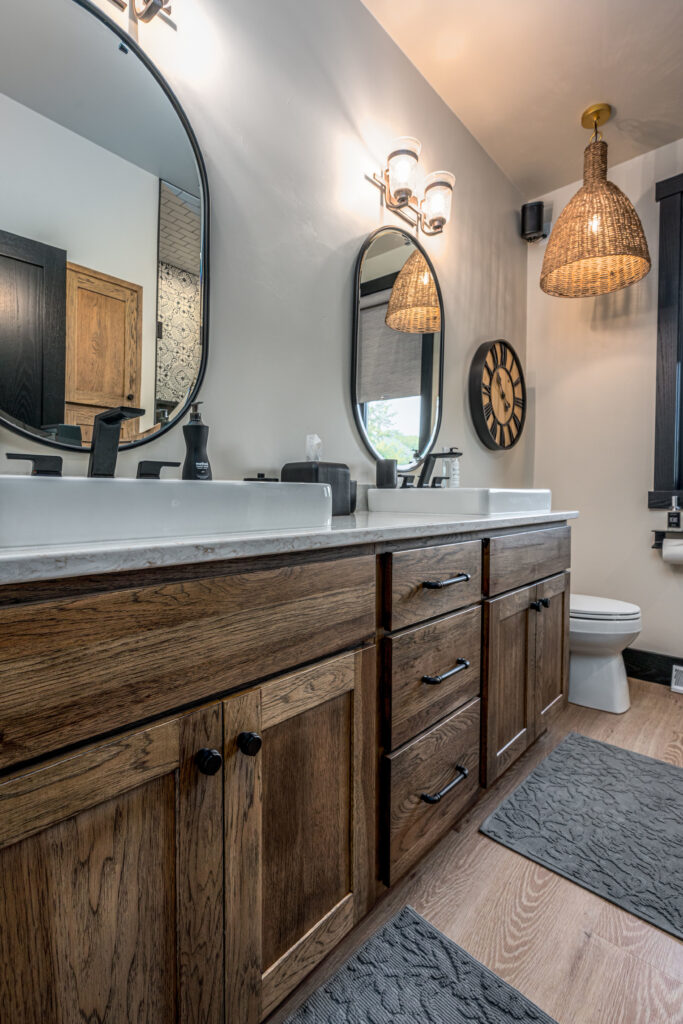 Double sink bathroom vanity in hickory